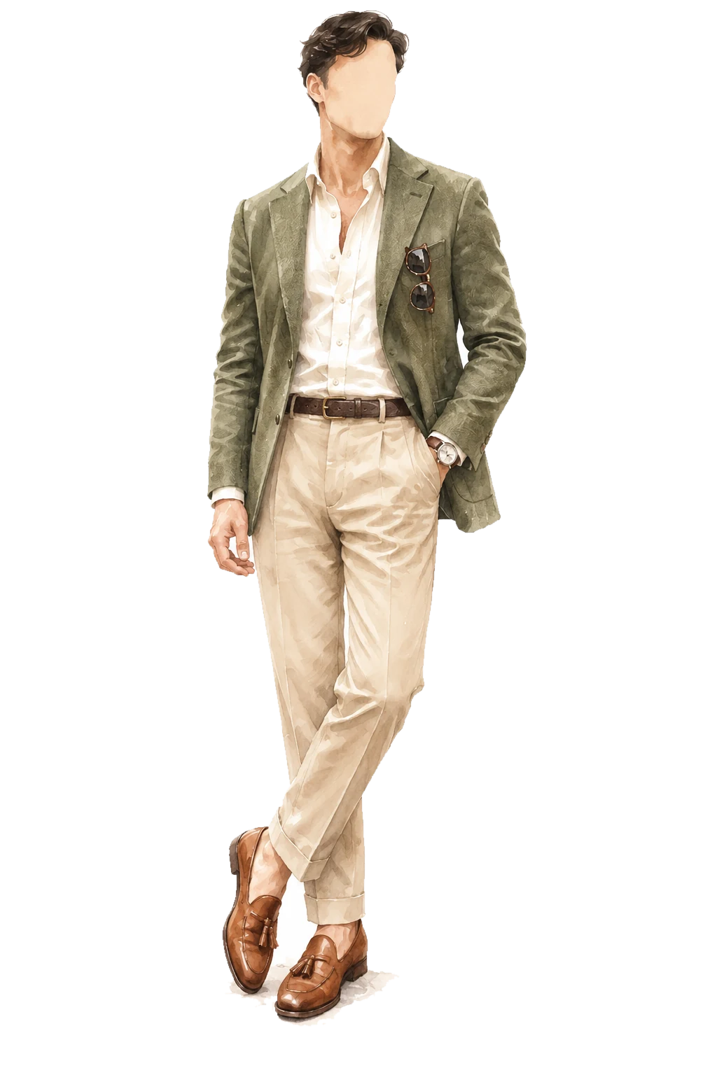 Olive blazer and tailored trousers
